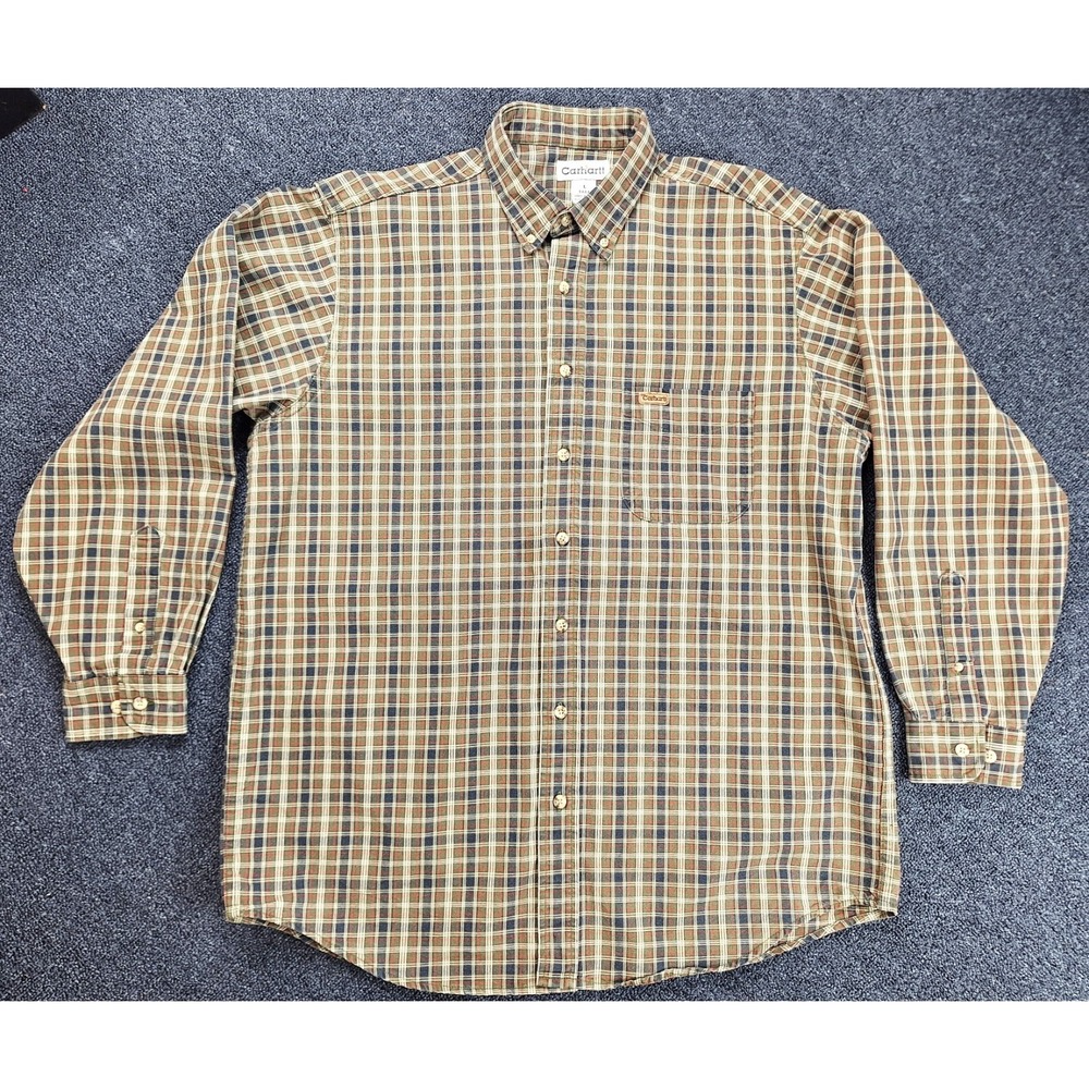 Carhartt Shirt Mens Tan Green Plaid Button Down Pocket Long Sleeve Sz Large Tall